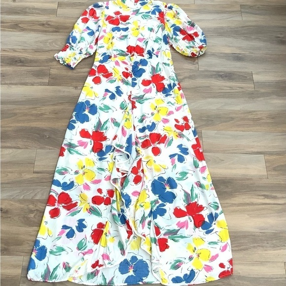 RIXO Floral Maxi Dress Mock Neck Cascade Ruffle Split - Picture 8 of 12